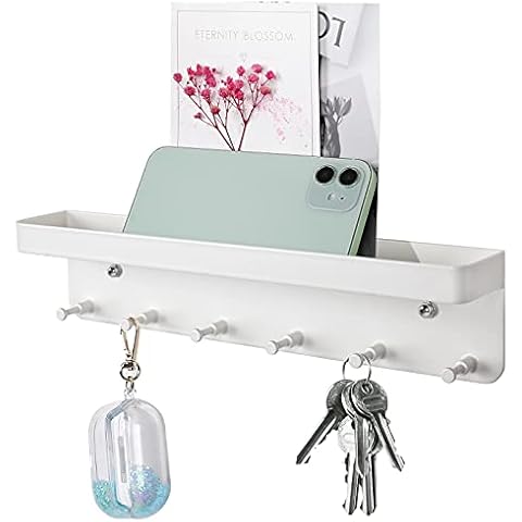 Schlüsselbrett mit Ablage, 6 Haken Selbstklebend Wand Schlüsselhalter, Kleines Schlüsselhaken für Flur, Eingangsbereich, Küche, Badezimmer (Weiß) Cover