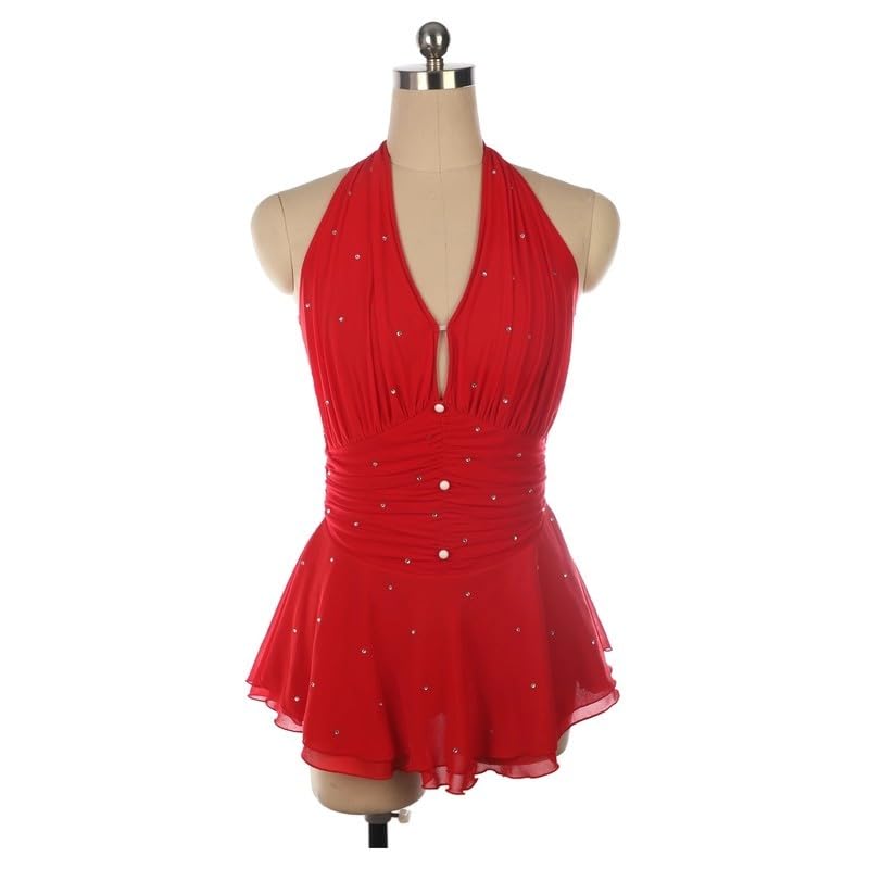 Vestito da Pattinaggio Artistico Rosso Senza Maniche per Bambine Costumi da Allenamento per Pattinaggio su Ghiaccio per Ragazze Completi Plissettati per Ginnastica Artistica