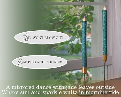 Image of Flameless Taper Candles Flickering with Remote and Timer, 3D Moving Flame Taper Candle Battery Operated to 400 Hours, 9 Inch Window Candles, (Glitter Green)