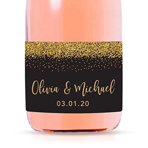 Andaz Press Personalized Mini Champagne Wine Bottle Labels, Black Faux Gold Glitter, 20-Pack, Custom Mini Champagne Labels Mini Champagne Bottle Labels Champagne Bottle Sticker Wedding Favors