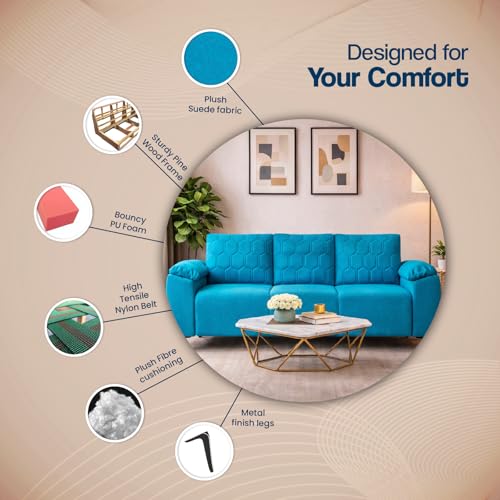 Image of Centuary Sleepables Modena Premium Sofa|Classy Quilted Suede Fabric Upholstery|Fiber-Filled Back Cushion|Wide Plush Fibrefilled Armrests|Ergonomic Lumbar Support |Oasis Blue|3 Years Warranty