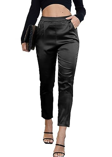 Women's Silky Satin Wedding Dressy Casual Elastic Waist Pants Party Club Wear Trousers3