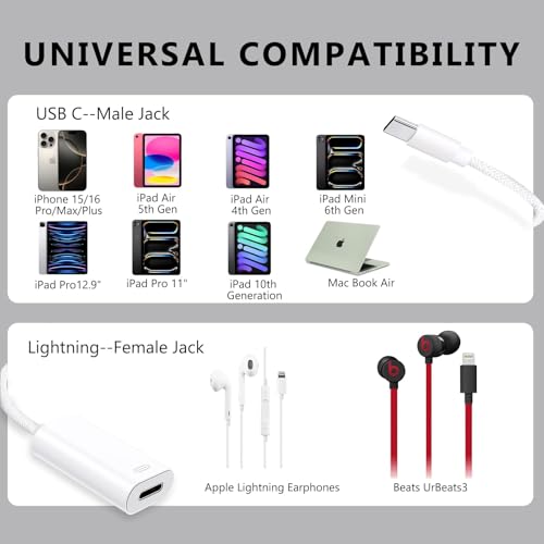 Image of TecoKart 3 in 1 USB C to Lightning Adapter | Type C Male to Female Lightning Earphone Converter with Charge & Data Transfer | Type C to Lightning Adapter for iPhone, Laptop & iPad (White)