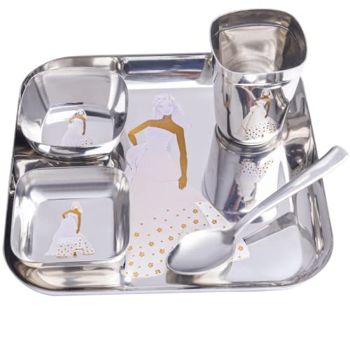 Image of Human Hydro Premium Steel Dinner Set for Kids, Silver and Gold Laser Print, 1 Plate, 1 Curry Bowl, 1 Dessert Plate, 1 Glass, 1 Spoon, 1 Fork, for Girls, Age 3-7 Years