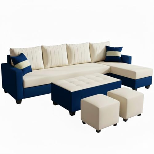 Image of FURNY Avenue 8 Seater Fabric RHS L Shape Sofa Set with 1 Centre Table & 2 Puffy (Cream-Dark Blue) Premium Velvet Finish
