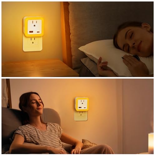 Image of JackonLux Night Lights Plug Into Wall 2 Pack Rechargeable Battery Backup Light Dusk to Dawn Sensor Night Light with Outlet Expander for Adults Kids Bedroom, Kitchen, and Bathroom (2, Amber, 2000K)