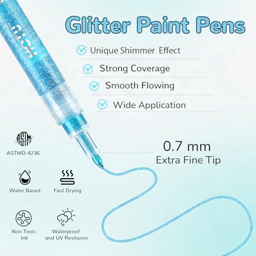 HOTU 24 Glitzer Filzstifte Zeichenset, Glitzer Metallic Filzstifte Glitzerstifte 0.7mm - Wasserbasis Acryl Stifte für Mädchen Basteln von Steinen, Keramik, Glas, Holz, Stoff, DIY Projekte Ect