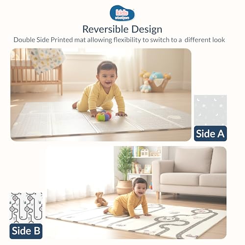 Image of Kids Station Double-Sided Waterproof Baby Playmat - Foldable, Portable & Reversible Foam Mat for Infants, Toddlers & Kids - Soft, Non-Slip, Easy-to-Clean Baby Crawling Mat for Indoor /Outdoor Use (200x150x1.0cm, Panda & Moon-Star Print)