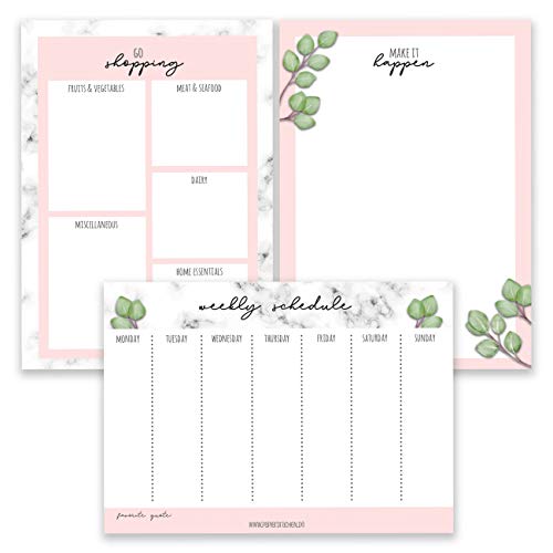Papierdrachen 3 Notizblöcke für Termine, Wochenplaner, Habit Tracker und Notizen - Tagesplaner und Wochenplaner Eukalyptus Marmor - Ideal für Schule, Uni und Haushalt - Set 11 - DIN A5