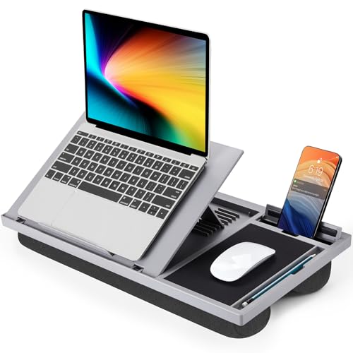 LORYERGO Adjustable Laptop Desk with Cushion, Mouse Pad & Cellphone Slot - Laptop Stand for Bed & Couch, Riser for Home & Office (Grey)