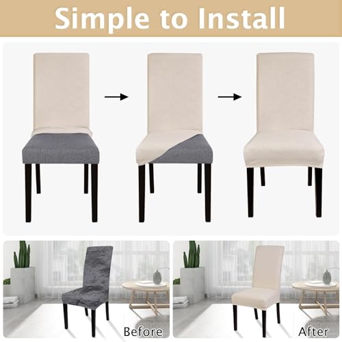 Image of SearchI Jacquard Dining Room Chair Covers Set of 4, Stretch Kitchen Chair Covers Washable Parsons Chair Slipcover Removable Dining Chair Protectors for Hotel,Ceremony(Beige)
