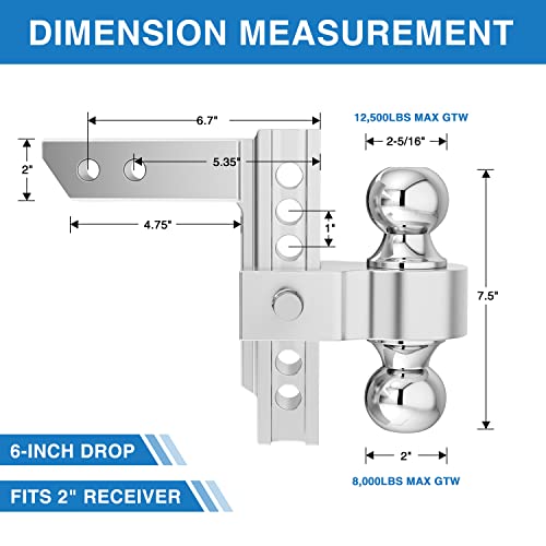 Tolead Adjustable Trailer Hitch, Fits 2" Receiver, 6" Drop/Rise Aluminum Hitch, 12,500 Lbs Gtw, 2" And 2-5/16" Double Hitch Ball Mount, Tow Hitch With Double Anti-Theft Pins Locks, Silver #TOP1