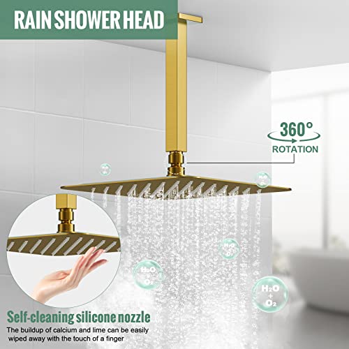 Suncleanse Rainfall Shower System Brushed Gold Ceiling Mounted Shower System Combo Set With High Pressure 12 Inches Square Rain Shower Head Handheld And Shower Faucet Rough-In Mixer Valve And Trim #TOP3