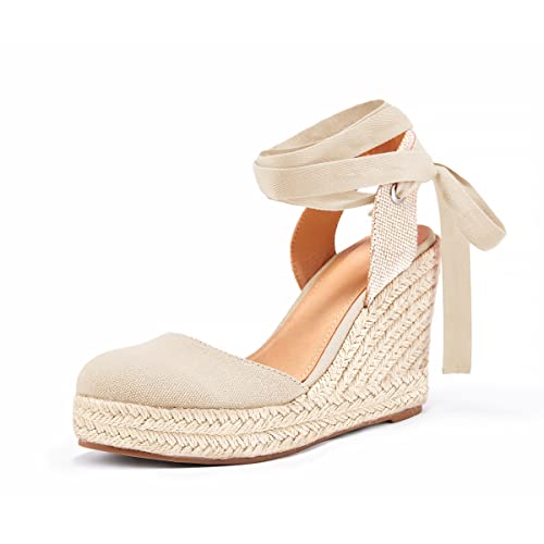 Image of FISACE Womens Summer Espadrille Heel Platform Wedge Sandals Ankle Buckle Strap Closed Toe Shoes