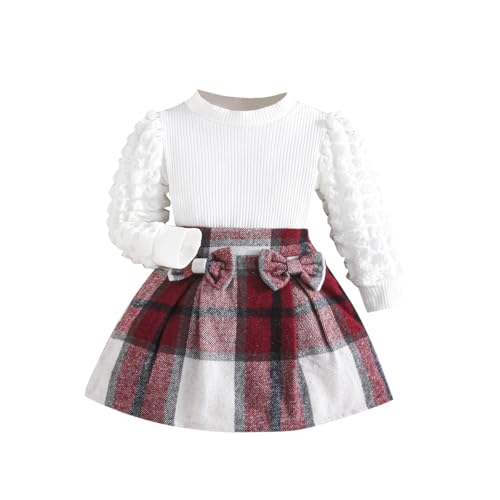 Image of Noubeau Toddler Girls Plaid Outfits Girls Puff Sleeve Knit Ribbed Shirt Tops Plaid Skirt Set Kids Fall Winter Clothes