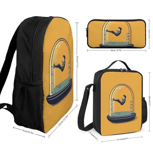 3 Piece Backpack for Women Men Lightweight Causal Daypack Shoulder Bag Set with Insulated Lunch Bag And Pencil Case Organizers Cartoon Pictures2