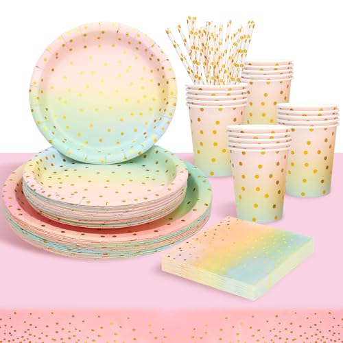 Party Tableware,Rainbow Colors Party Tableware 101 Pieces Paper Tableware Set Includes Paper Plates Napkins Cups for Wedding Shower Engagement Wedding Birthday (20 Guests)
