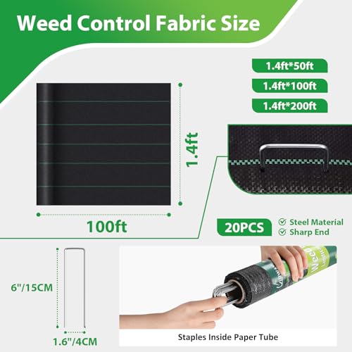 UIRWAY 1.4×100FT Weed Barrier, 3.2oz Heavy Duty Weed Fabric, Premium Weed Barrier Landscape, Weed Control in Rolls with 20Pcs Pegs, for Garden Weed, Patios, Farming, Driveway, Ground Cover