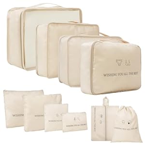 10 Set Packing Cubes,Lightweight Luggage Cubes, Travel Clothes Storage Bags for Travel Essentials Accessories Carry On Suitcase, Packing Ziplock Organizer Bags (Beige)