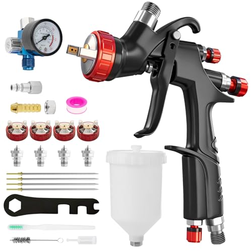 SRQ A610 LVLP Spray Gun with 1.3/1.5/1.7/2.0mm Nozzles and Air Regulator, R500—Automotive Paint Spray Gun, Automotive Paint Sprayer, Gravity-Fed Spray Gun, Suitable for Auto Body Repair