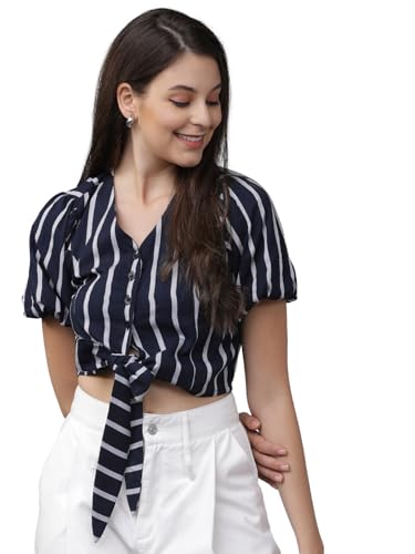 Tokyo TALKIES Women Regular Fit V NECKShort Sleeve Tops TTTP003858 Navy Blue/White XL