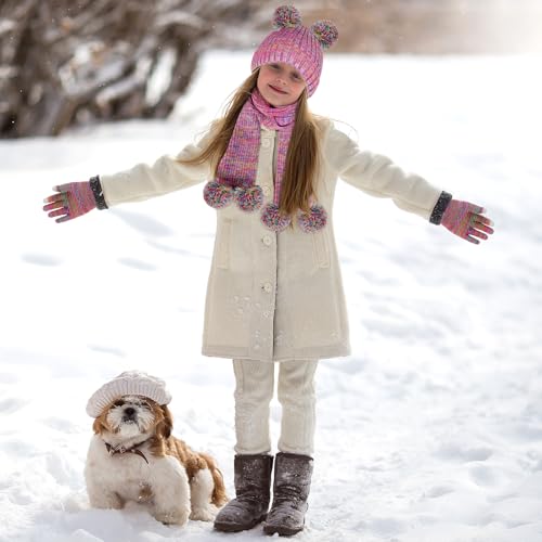 Kids Winter Beanie Hat Glove Scarf Set Toddlers Girls Winter Knit Hat with Pom Long Scarf Gloves for Kids Ages 5-123