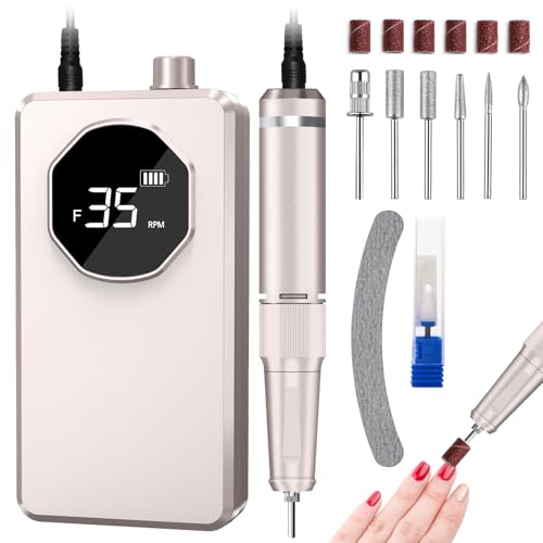 Nagelfräser, Oneyus Nagelfräser für Gelnägel Elektrische Nagelfeile Kabellos 35000 U/min Fräser für Gelnägel mit LCD-Anzeige Einstellbare F/R Drehrichtung Nagelfräser für Acrylnägel Nagelhaut