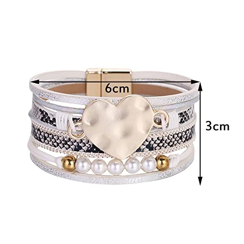 Women Leather Cuff Bracelet Set Multilayer Wrap Bracelet Crystal Snake Pattern Heart Bracelet Magnetic Clasp Bracelet Titanium Post Earrings (White, One Size) #TOP2
