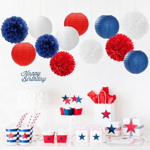 Image of Fourth-4th Of July Imemorial-Day Party-Decorations - 15pcs Red White Blue Paper-Flowers Lanterns,Patriotic Graduation Tissue Pom Poms Streamers,Independence Veterans Hanging Supplies Decor Hugfond
