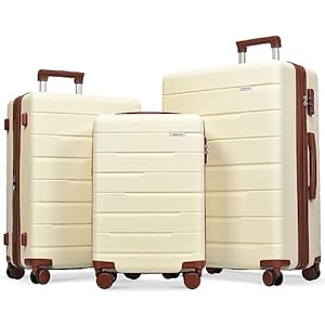 Merax Hard Shell Luggage with Spinner Wheels, Lightweight luggage Set, Expandable ABS Suitcase with TSA Lock, Beige/Brown, 3 Piece Set (20/24/28)