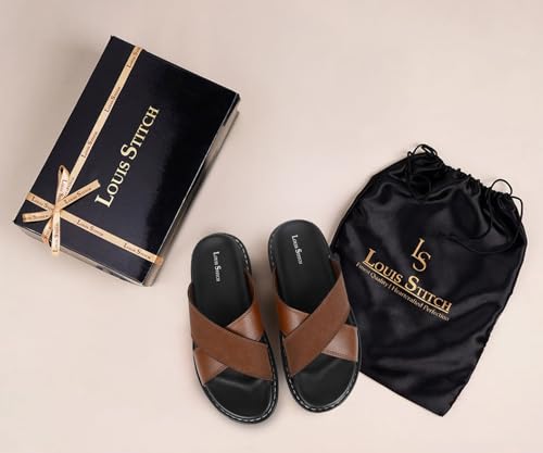 Image of LOUIS STITCH Tan Comfortable Men's Sandals | Lightweight Casual Cross Strap Slip-On Sandals| Everyday Wear Sandals with PU Cushion Sole | LSOF-22-TN