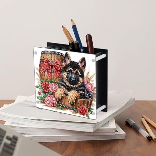 Image of DIY 5D Acrylic Diamond Painting Pen Holder - German Shepherd Pencil Organizer for Adults, Decorative Office Supplies Storage for Home, School, Gift