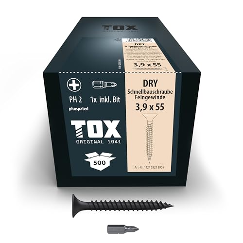 TOX Drywall Screws 3.9 x 55 mm, Black Phosphated Screws with Trumpet Head + Fine Thread, Plasterboard on Metal Substructure, PH2, Pack of 500, Includes 1x Bit, 142453213955