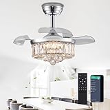 DuMaiWay 30' Chandelier Ceiling Fan with Light Crystal Modern Fandelier Reversible Ceiling Fan Dimmable Retractable Timer for Bedroom Dining Living Room Silver Chrome