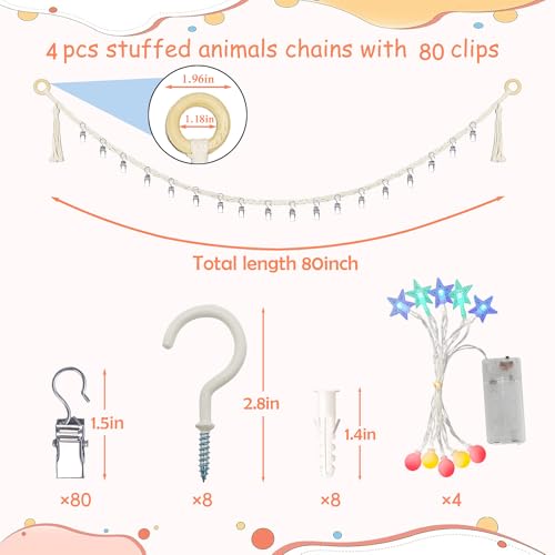Image of 80 inch 4 Pack Cotton Hanging Storage Chain for Stuffed Animals Storage with 4 Pcs Led Light 40 Metal Clips Stuffed Animal Organizer Chain for Wall Corner Nursery Play Room (4PcsWhite)