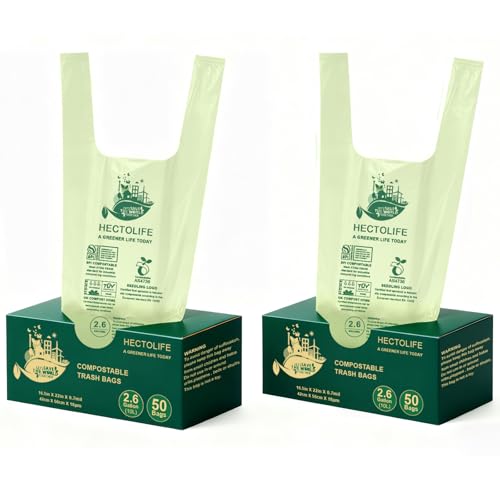 HECTOLIFE 2.6 Gallon 100 Count Compostable Bags Handle Tie Tear Resistant Kitchen Food Scrap Waste Bag ASTM D6400 US BPI and Europe OK Compost Home Certified