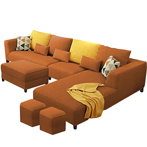 Image of Casaliving Minta RHS 8 Seater L Shape Sofa Set with Ottoman & 2 Puffy for Living Room (Orange - Colour Fabric) Premium Fabric Sofa Set ForLiving Room | Hall