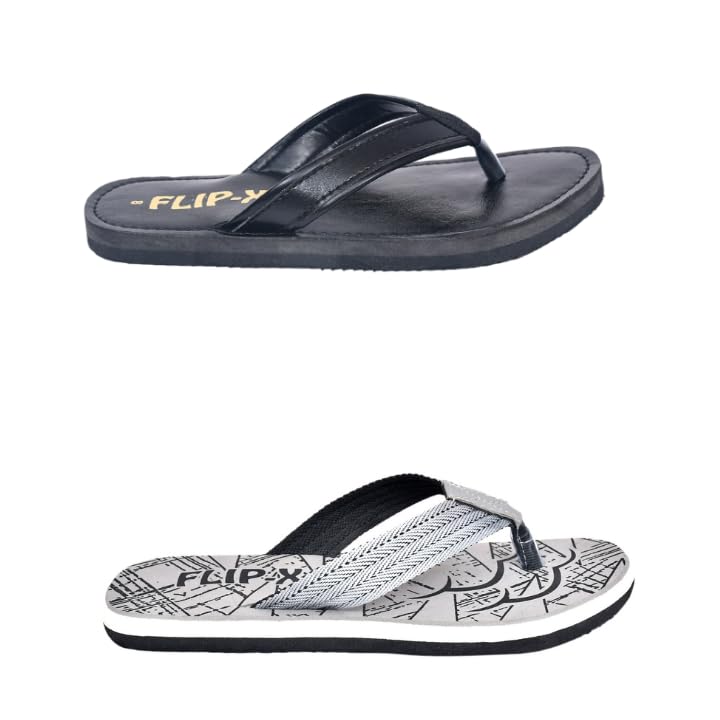 Image of Flip X Men's Slippers Combo Pack (Black Faux Leather & Grey Natural Rubber) | Comfortable Wear Flip-Flops with TPR Sole | Casual, Indoor & Outdoor Use