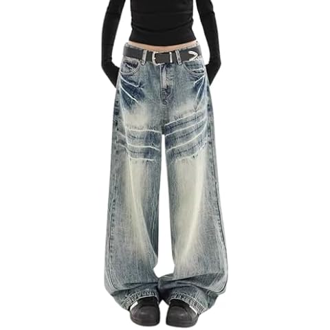 jupkem Women Baggy Jeans Y2k Aesthetic Low Rise Pants Vintage Harajuku Korea Fashion Wide Leg Pants Vibe Streetwear (Blue-L) Cover