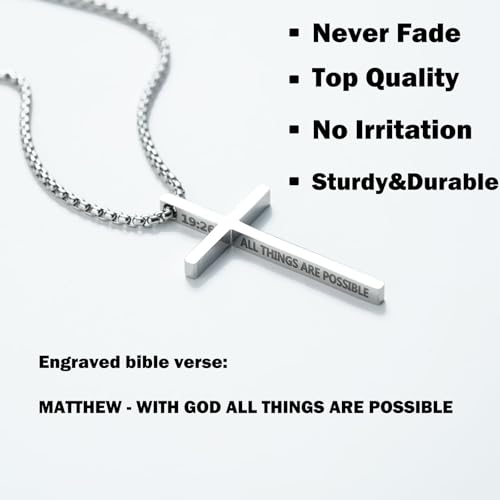 2 Pcs Cross Necklace for Men, Silver Black Stainless Steel Bible Verse Cross Pendant Necklace for Men, 2.5mm Box Chain4