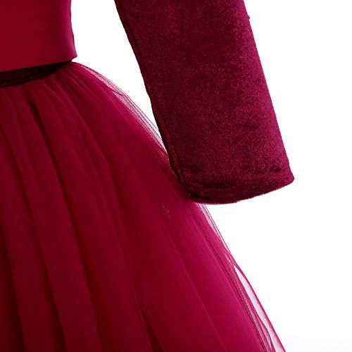 Flower Girls Vintage 3/4 Sleeves Wedding Bridesmaid Velvet Dress First Communion Pageant Tulle Princess Floor Length Holiday Prom Formal Party A Line Evening Ball Gown Z# Velvet Wine Red 13-14 #TOP4