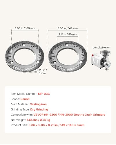 Image of VEVOR 2PCS Grinding Sheets for Electric Grain Mill Grinder, Cast Iron Dry Grinding Discs, Replacement Grinding Plates Compatible with VEVOR HN-2200, HN-3000 Corn Spice Mill Grinder