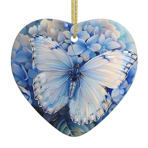 Christmas Ceramic Heart Pendant YYHHAOFA Butterflies on Hydrangea Printed Smooth and Bright for Christmas Mouse Tree Home and Supermarket Decoration