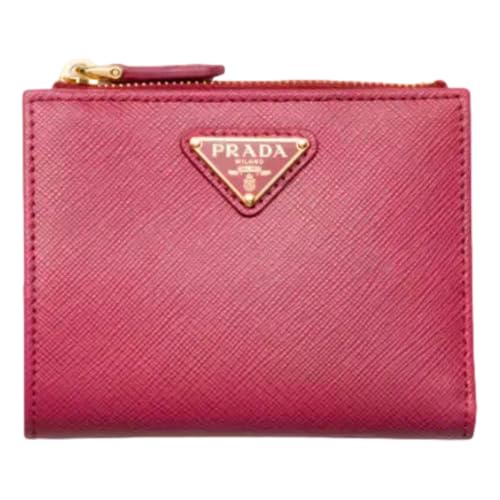 Prada Dark Pink Saffiano Leather Snap Bifold Zip Coin Card Wallet Gold New