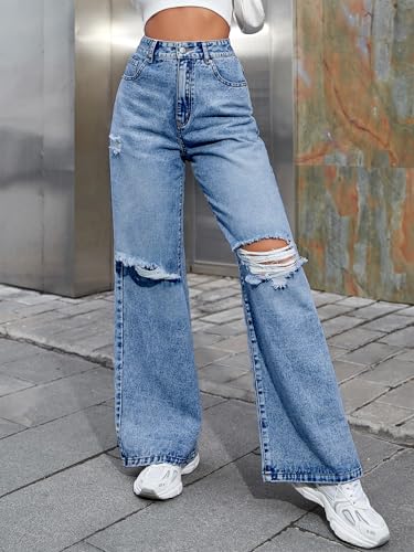 Women's Wide Leg Ripped Baggy Jeans Distressed Stretchy High Waist Loose Fit Boyfriend Denim Pants Y2K2