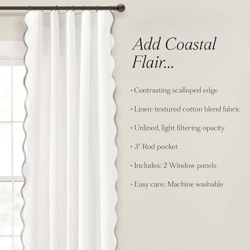 Image of Lush Decor Coastal Chic Scalloped Edge Light Filtering Window Curtain Panels Pair, 52 inch W x 84 inch L, Gray & White - White Curtains for Living Room - Coastal Decor