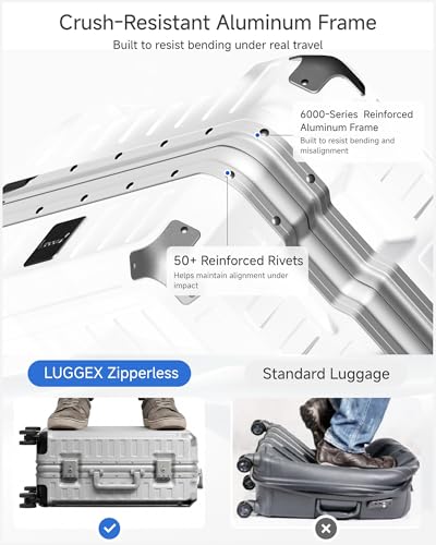 Image of LUGGEX Checked Suitcase with Spinner Wheels, 8010S Aluminum Frame Zipperless Polycarbonate Hard Shell Suitcase (ZX-Core, Silver, 28 Inch)