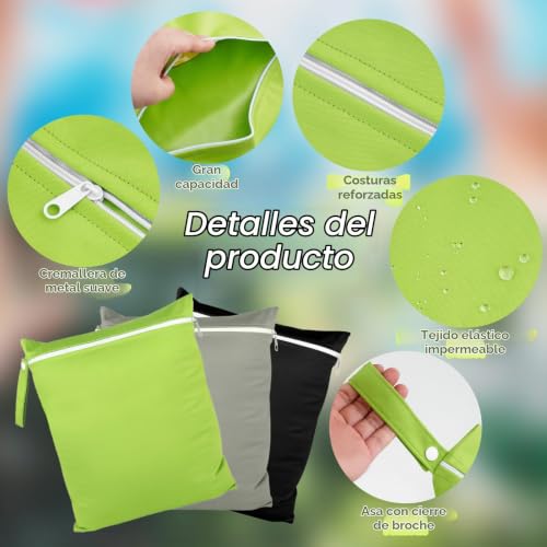 Miniatura 4 de Zupapjo 3 Piezas 40x30 Cm Wetbag, Bolsa Ropa Mojada Reutilizable Con Cremallera, Bolsa Pañales Impermeable Para Trajes De Baño, Ropa Sucia, Toallas De Playa Y Pañales, Negro, Gris, Verde