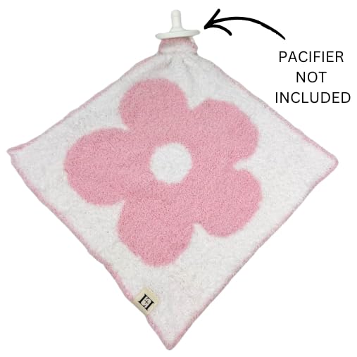 Image of L+L USA Retro Flower Baby Lovey Pacifier /Teether Holder 10 inchx10 inch - DreamSoft Plush Fluffy Cuddly Soothie Reversible Mini Comfort Blanket - Cute Newborn Gift Essential Babies Boys Girls (Pink /White)