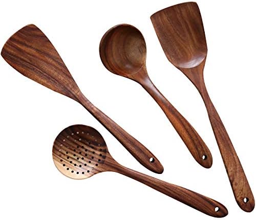 Wooden Cooking Utensils Kitchen Utensil,NAYAHOSE Natural Teak Wood Kitchen Utensils Set - Nonstick Hard Wooden Spatula and Wooden Spoons
